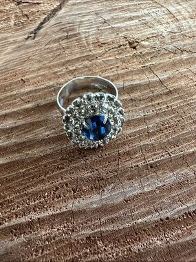 Sarah Coventry Silver-Tone Ring with Sapphire Blue Center and Clear Halo